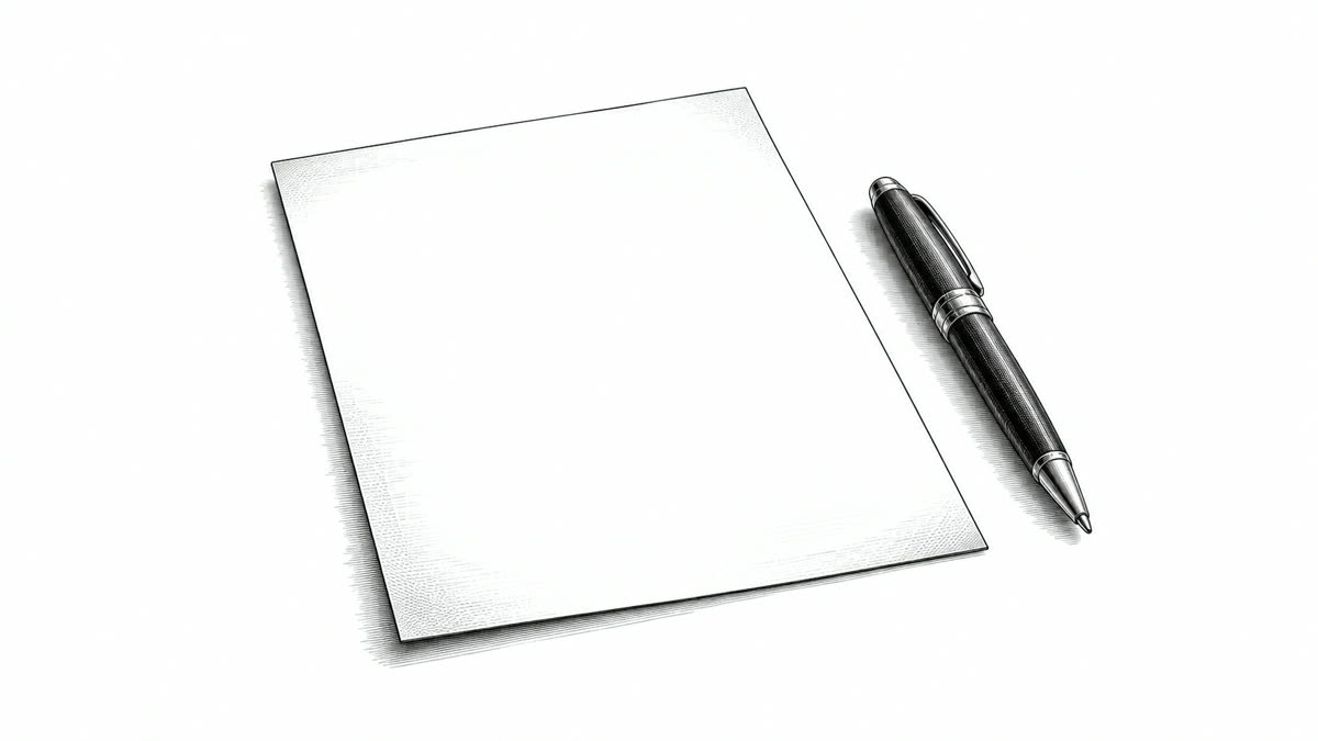 An etching of a blank sheet of paper with a pen laid beside it